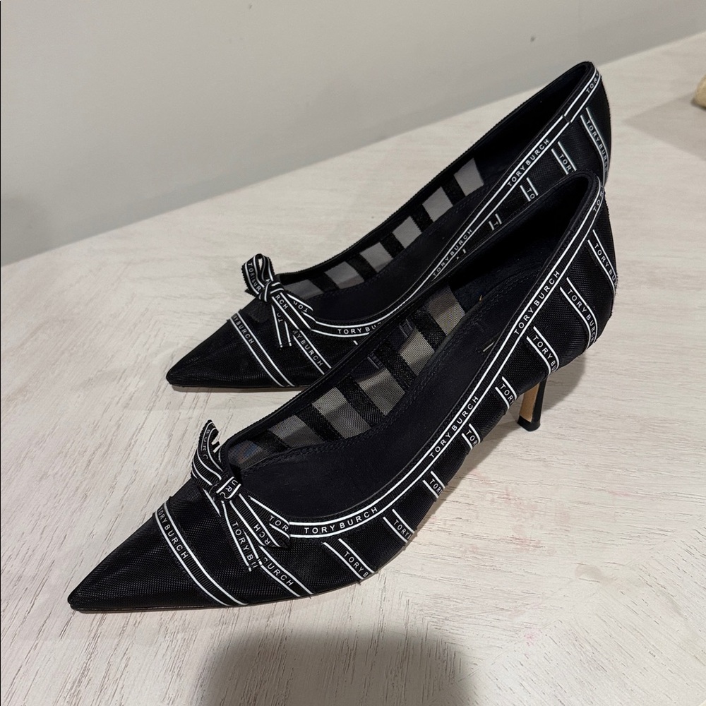 Tory Burch Black Mesh Pointed Toe Heels
